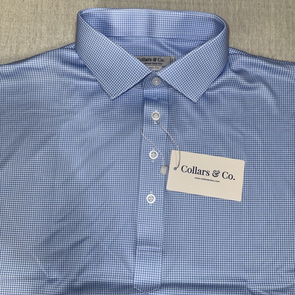 Collars & Co Golf Semi Spread Collar Polo Blue Houndstooth Large NWT